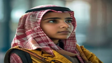 A determined Saudi student confidently looking at a bright future with subtle digital grap