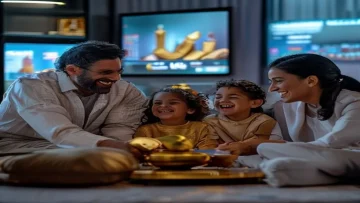 A diverse family parents and two children happily gathered around a large TV screen watchi