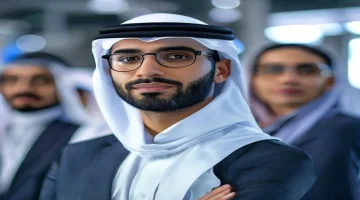 A diverse group of young Saudi professionals looking confidently towards a bright future w