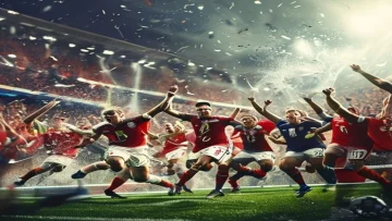 A dynamic and exciting football match in the UEFA Champions League with fans cheering in t