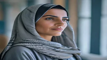 A focused close-up shot of a modern Saudi teacher looking inspired and determined standing