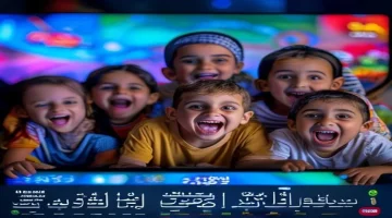 A group of excited children of various ages watching a colorful TV screen showing a cartoo
