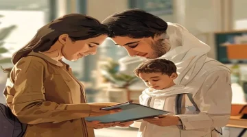 A modern clean illustration showing a parent using a tablet to register their child for sc