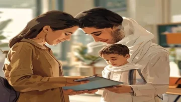 A modern clean illustration showing a parent using a tablet to register their child for sc