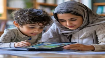 A parent and child looking at a tablet or laptop screen with educational content or school