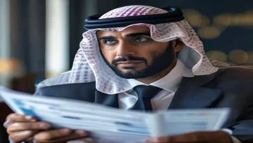 A Saudi citizen looking thoughtfully at a financial statement and a government support pro