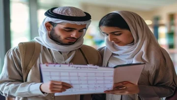 A Saudi student and teacher looking at a calendar marking school holidays for the 1446 aca