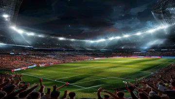 A vibrant and dynamic football stadium with a large crowd cheering illuminated by floodlig