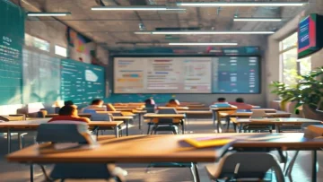 A vibrant and futuristic digital classroom setting on the Madrasati platform showing diver