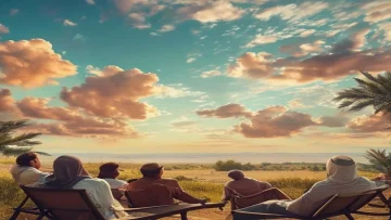 A vibrant joyful scene of people relaxing and enjoying themselves during a long holiday wi