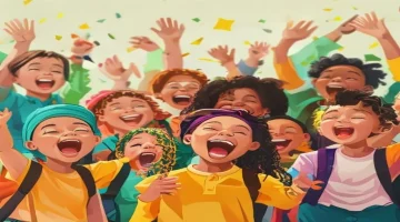 A vibrant modern illustration of diverse children of various ages joyfully singing and dan