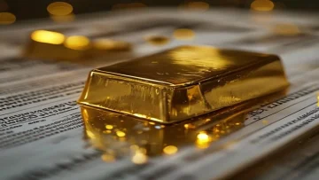 Close-up of a gleaming gold bar with reflections of a blurred financial newspaper showing