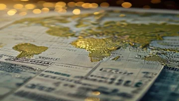 Close-up of a US dollar bill with a world map superimposed symbolizing global economic imp
