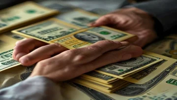 Close-up shot of a hand holding stacked Egyptian pound banknotes with a US dollar bill pro
