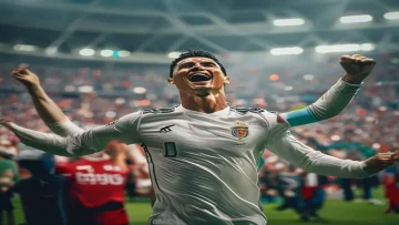 Cristiano Ronaldo celebrating a goal for Al Nassr stadium full of cheering fans dramatic l