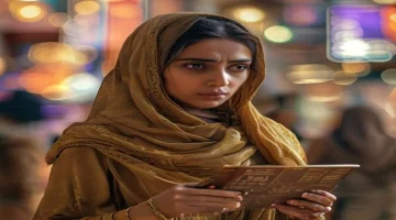 Egyptian woman looking concerned at her wallet with a blurred background of a bustling mar