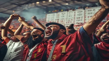 Excited Egyptian football fans cheering for Al Ahly SC team during a crucial match stadium