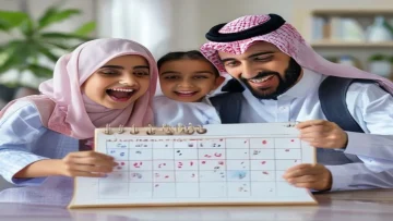 Excited Saudi family planning vacation on a calendar with school holiday dates highlighted