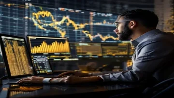 Financial analyst looking at fluctuating currency exchange rates on multiple computer scre