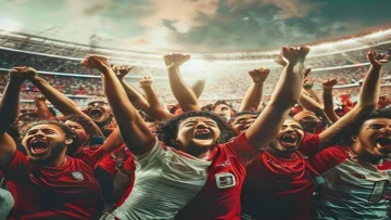 High-angle shot of a diverse group of passionate football fans cheering excitedly in front