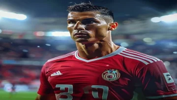 High-energy football match close-up of Cristiano Ronaldo in Al Nassr uniform stadium light