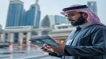 Modern Saudi employee using a digital portal on a tablet with government building in the b