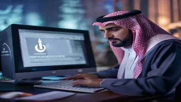 Saudi citizen carefully filling out an online form on a computer screen showing the H logo