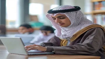 Saudi parent using a laptop or tablet to register a child for school online depicting the