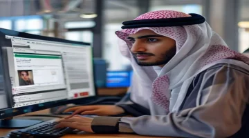 Saudi student looking at a computer screen with a results portal open clear and positive e