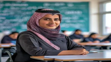 Teacher in Saudi Arabia confidently demonstrating skills in a modern classroom emphasizing