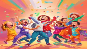 vibrant and colorful illustration of children joyfully singing and dancing around a musica