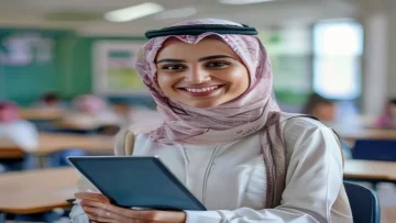 Young Saudi teacher smiling using a modern tablet in a classroom digital education platfor