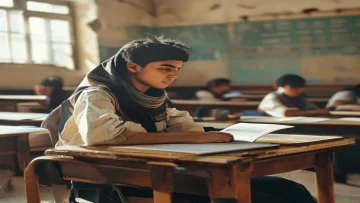 Egyptian student sitting at desk in classroom