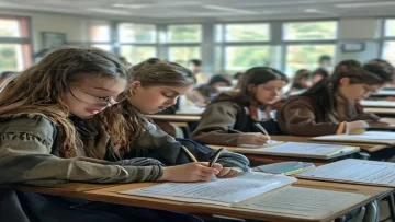 students taking exams in a classroom